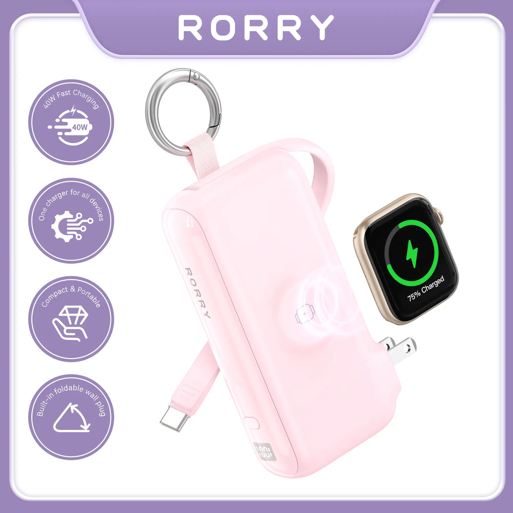 RORRY Flow Portable Charger 10000Mah 40W Fast Charging Power Bank with USB C Cable & Foldable Plug for Iphone 17/16/15 Apple Watch Ipad Macbook Travel Essentials Tiktokshopspringglowup