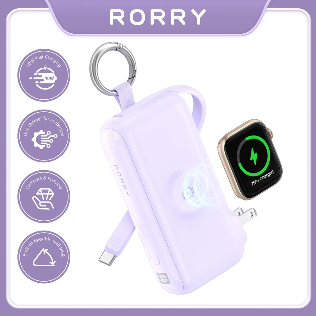 RORRY Flow Portable Charger 10000Mah 40W Fast Charging Power Bank with USB C Cable & Foldable Plug for Iphone 17/16/15 Apple Watch Ipad Macbook Travel Essentials Tiktokshopspringglowup