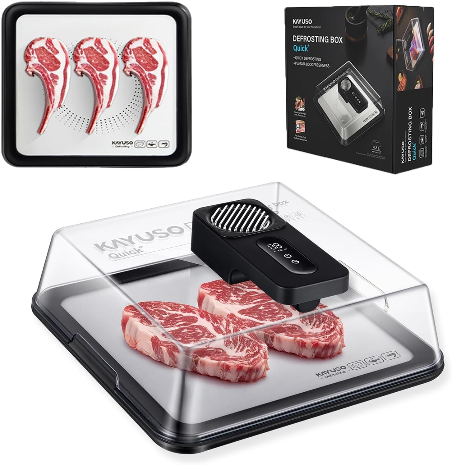 Effortless Thawing with the KAYUSO Rechargeable Quick Defrosting Tray - Timed Thawing Solution for Meats, Seafood, and Poultry in Just 10 Minutes!