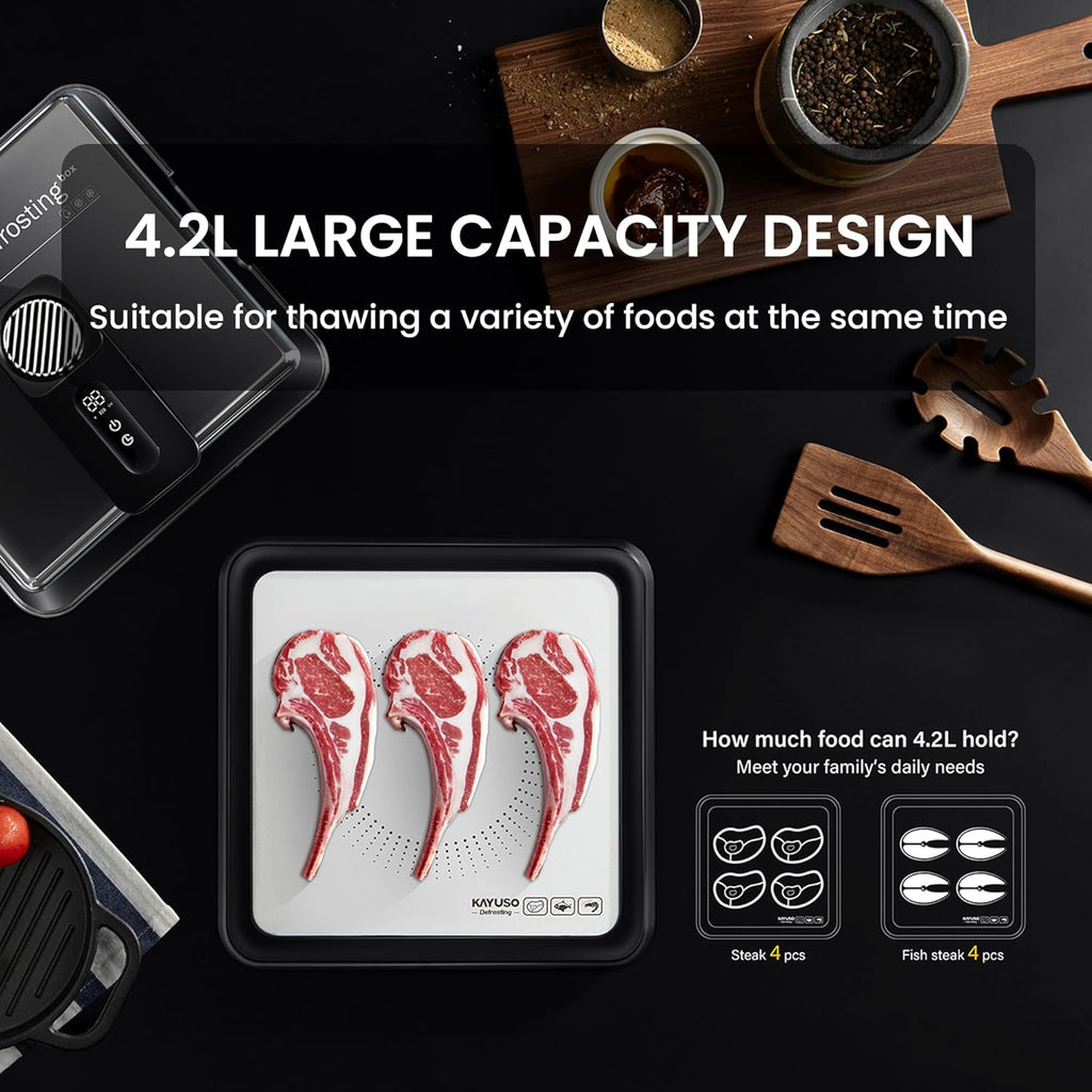 Effortless Thawing with the KAYUSO Rechargeable Quick Defrosting Tray - Timed Thawing Solution for Meats, Seafood, and Poultry in Just 10 Minutes!