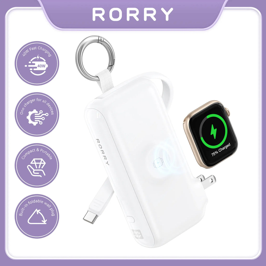 RORRY Flow Portable Charger 10000Mah 40W Fast Charging Power Bank with USB C Cable & Foldable Plug for Iphone 17/16/15 Apple Watch Ipad Macbook Travel Essentials Tiktokshopspringglowup