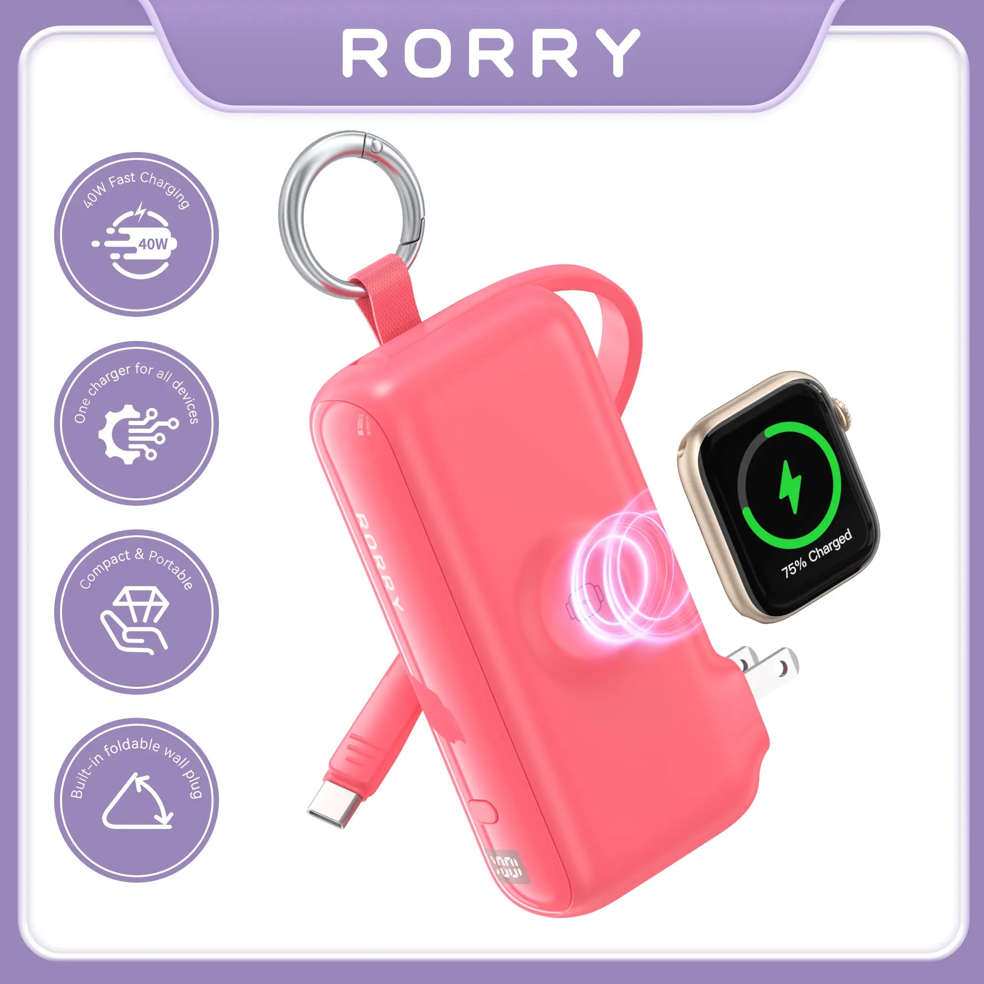 RORRY Flow Portable Charger 10000Mah 40W Fast Charging Power Bank with USB C Cable & Foldable Plug for Iphone 17/16/15 Apple Watch Ipad Macbook Travel Essentials Tiktokshopspringglowup