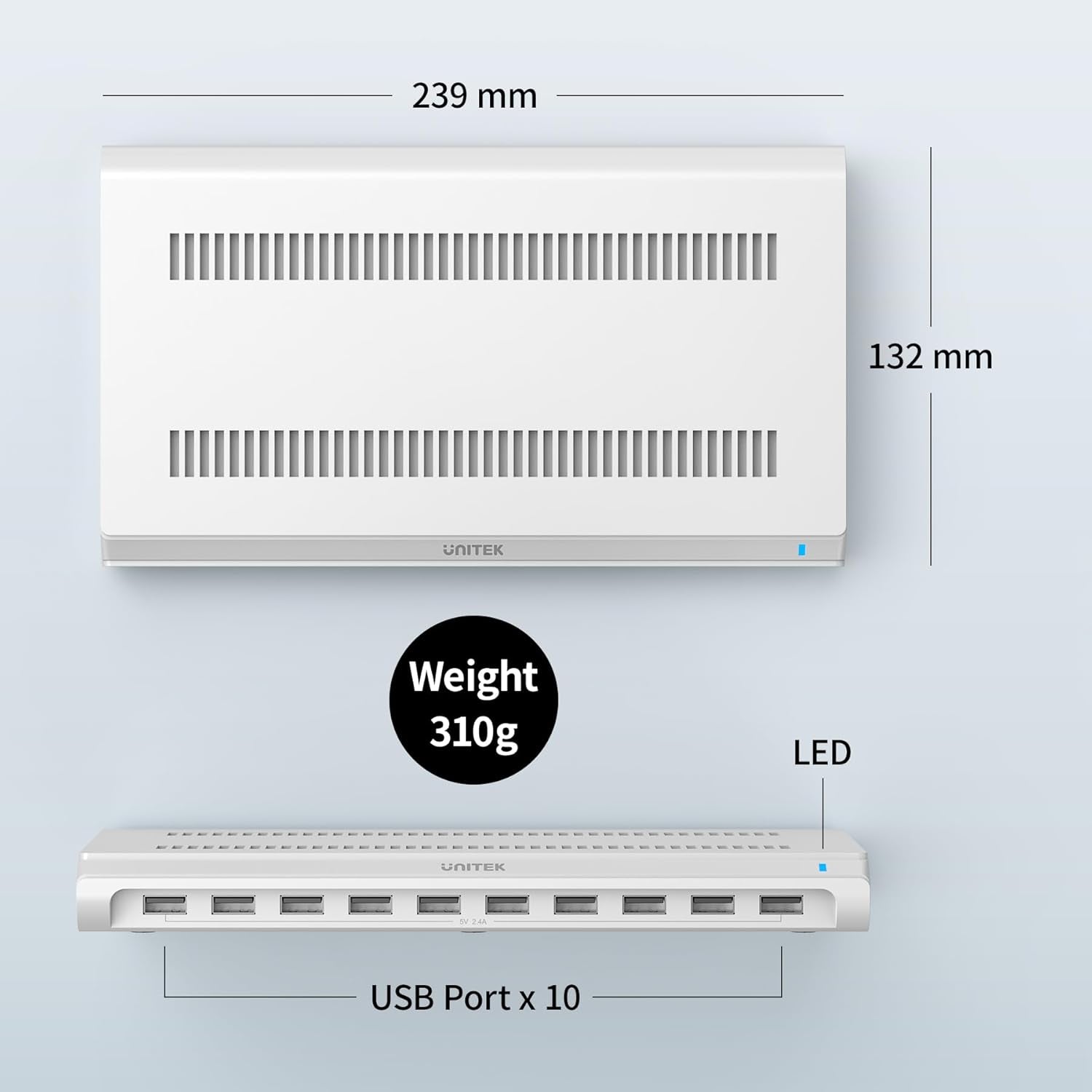 Unitek 10-Port USB Charging Station - Smartic Technology & Adjustable Dividers for Ultimate Device Organization
