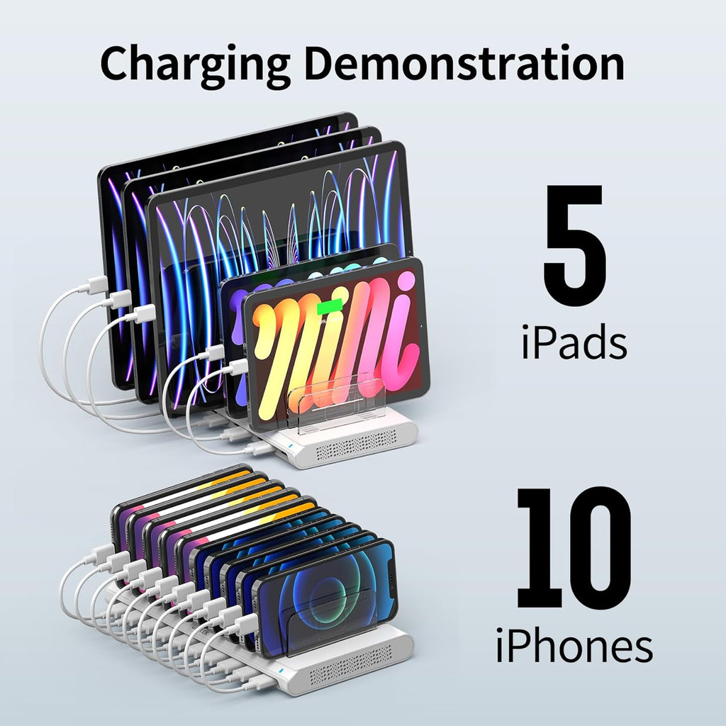 Unitek 10-Port USB Charging Station - Smartic Technology & Adjustable Dividers for Ultimate Device Organization