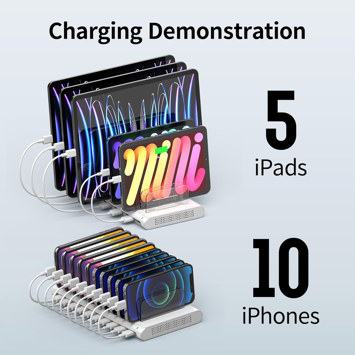 Unitek 10-Port USB Charging Station - Smartic Technology & Adjustable Dividers for Ultimate Device Organization