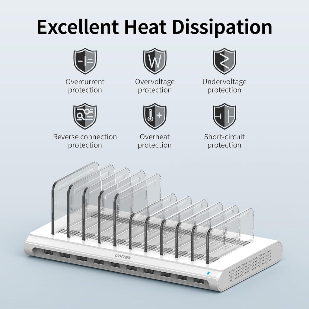 Unitek 10-Port USB Charging Station - Smartic Technology & Adjustable Dividers for Ultimate Device Organization