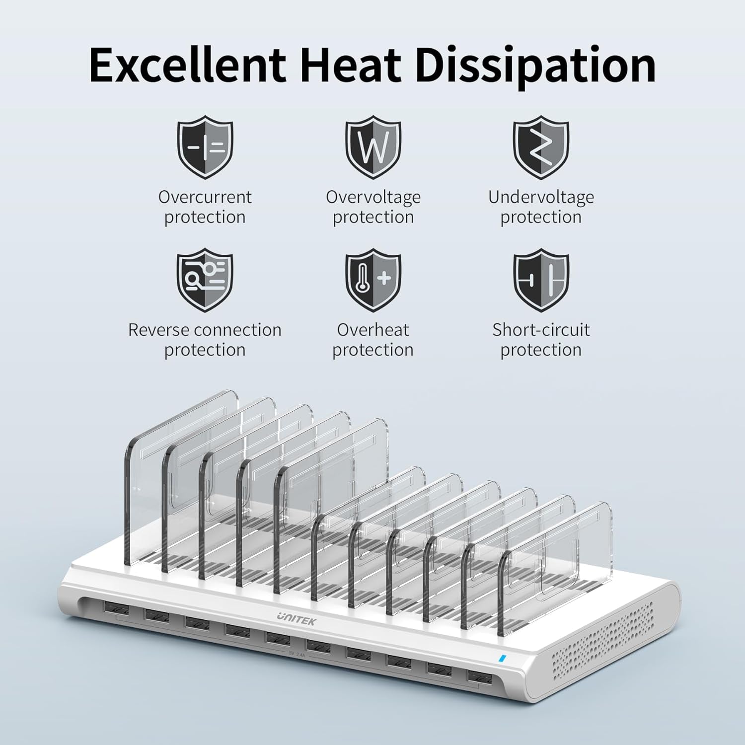 Unitek 10-Port USB Charging Station - Smartic Technology & Adjustable Dividers for Ultimate Device Organization