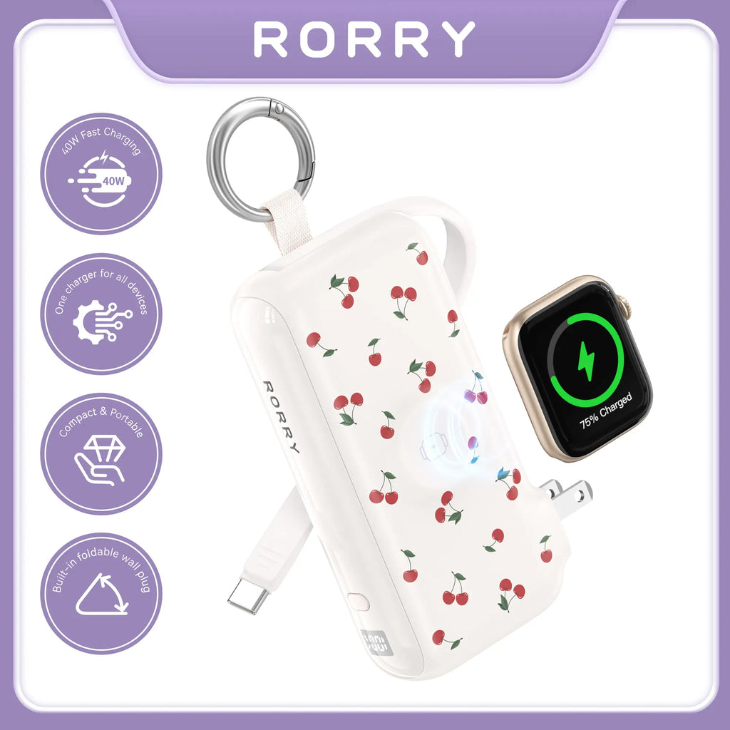 RORRY Flow Portable Charger 10000Mah 40W Fast Charging Power Bank with USB C Cable & Foldable Plug for Iphone 17/16/15 Apple Watch Ipad Macbook Travel Essentials Tiktokshopspringglowup
