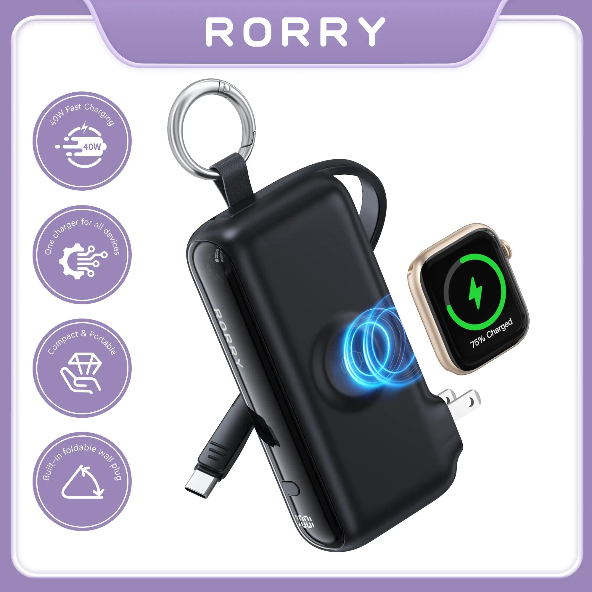 RORRY Flow Portable Charger 10000Mah 40W Fast Charging Power Bank with USB C Cable & Foldable Plug for Iphone 17/16/15 Apple Watch Ipad Macbook Travel Essentials Tiktokshopspringglowup