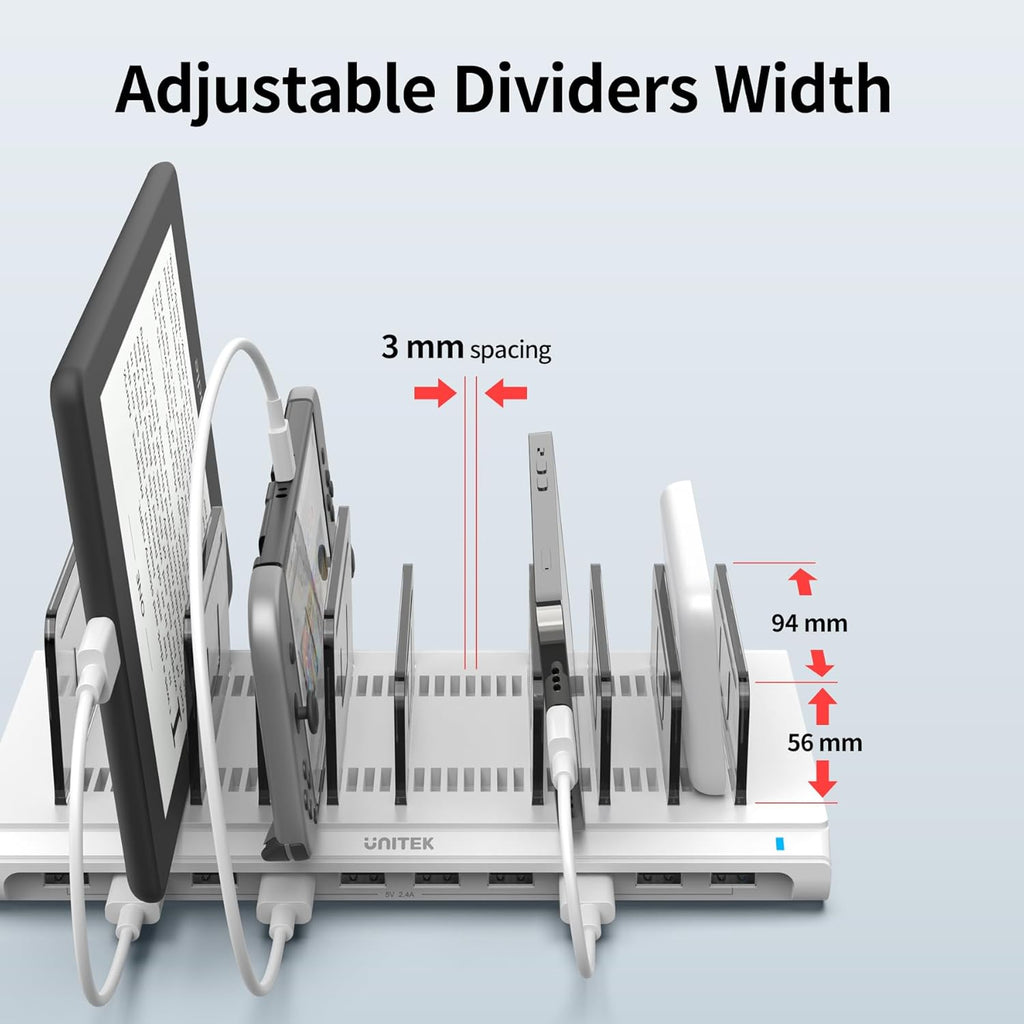 Unitek 10-Port USB Charging Station - Smartic Technology & Adjustable Dividers for Ultimate Device Organization