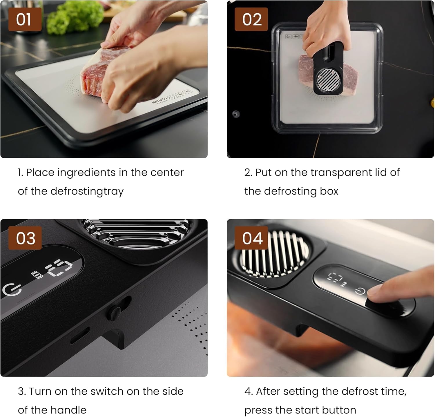 Effortless Thawing with the KAYUSO Rechargeable Quick Defrosting Tray - Timed Thawing Solution for Meats, Seafood, and Poultry in Just 10 Minutes!