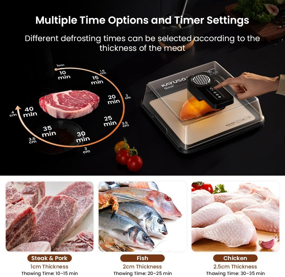 Effortless Thawing with the KAYUSO Rechargeable Quick Defrosting Tray - Timed Thawing Solution for Meats, Seafood, and Poultry in Just 10 Minutes!