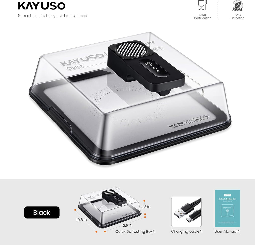 Effortless Thawing with the KAYUSO Rechargeable Quick Defrosting Tray - Timed Thawing Solution for Meats, Seafood, and Poultry in Just 10 Minutes!