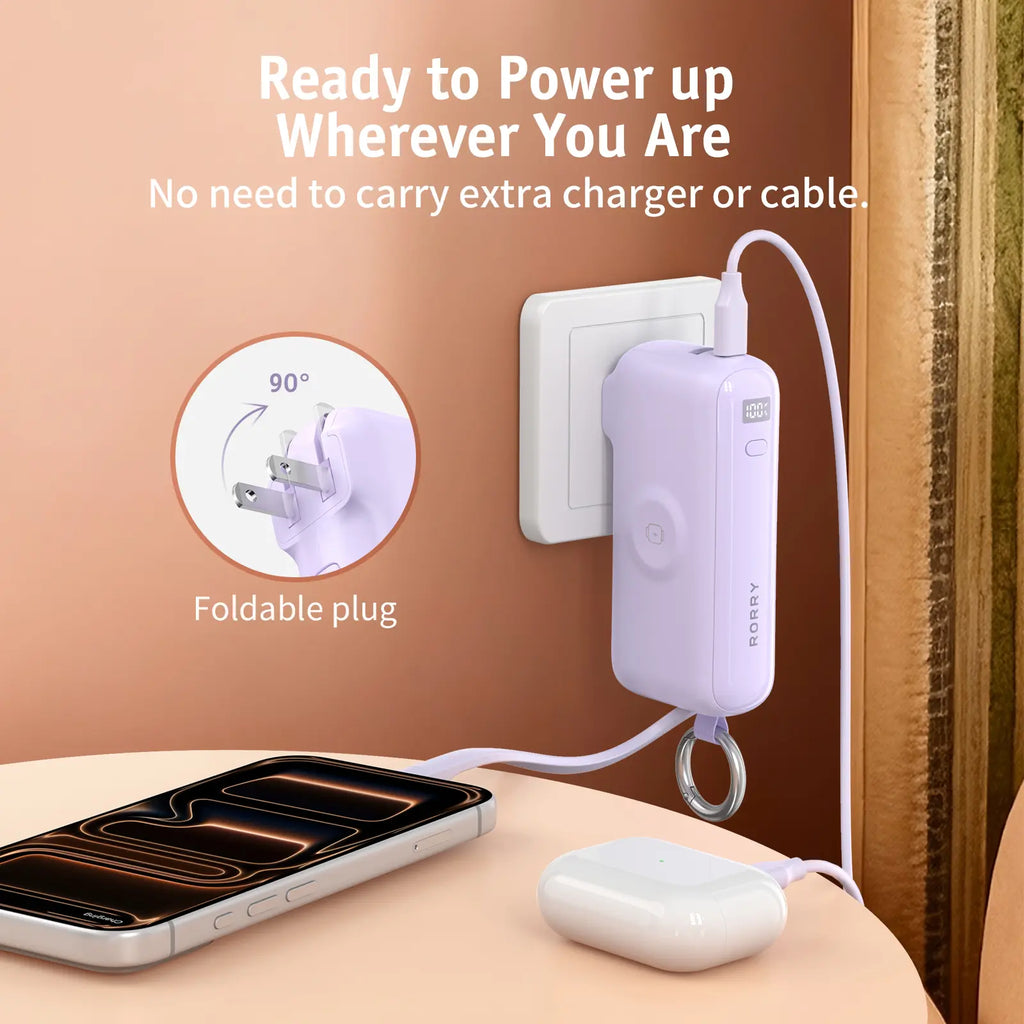 RORRY Flow Portable Charger 10000Mah 40W Fast Charging Power Bank with USB C Cable & Foldable Plug for Iphone 17/16/15 Apple Watch Ipad Macbook Travel Essentials Tiktokshopspringglowup