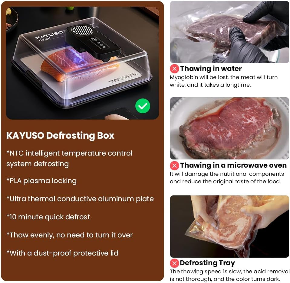 Effortless Thawing with the KAYUSO Rechargeable Quick Defrosting Tray - Timed Thawing Solution for Meats, Seafood, and Poultry in Just 10 Minutes!